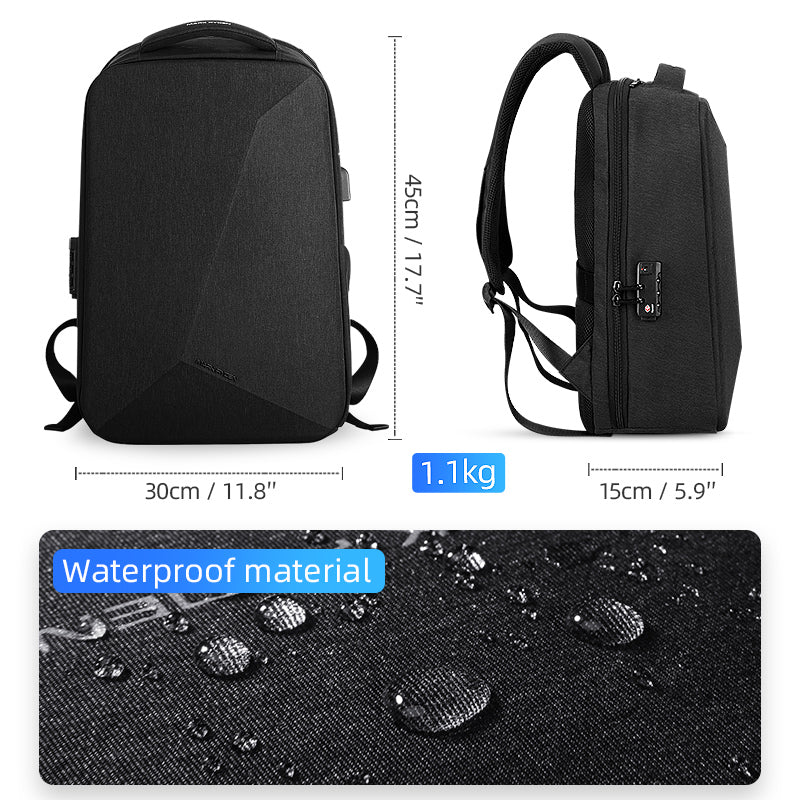 Size of Mark Ryden Cache USB Charging waterproof backpack in black. 