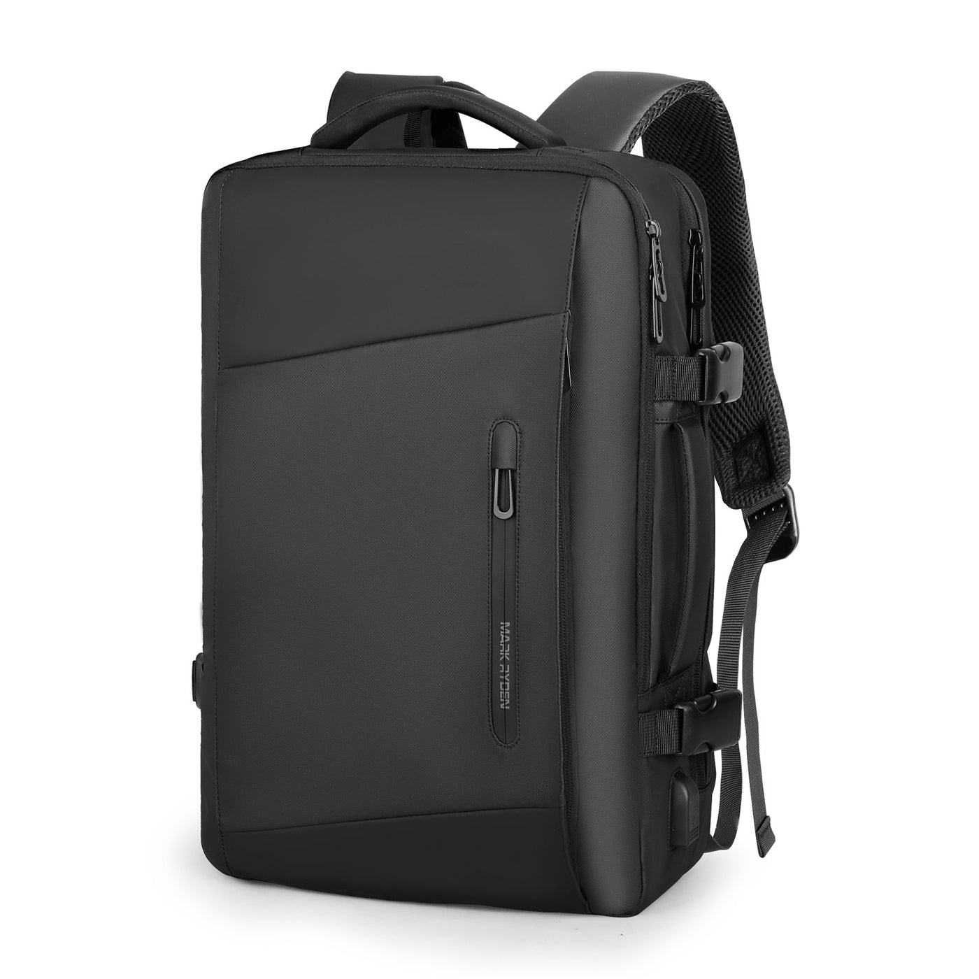 Mark Ryden minimal black USB Charging waterproof backpack. 