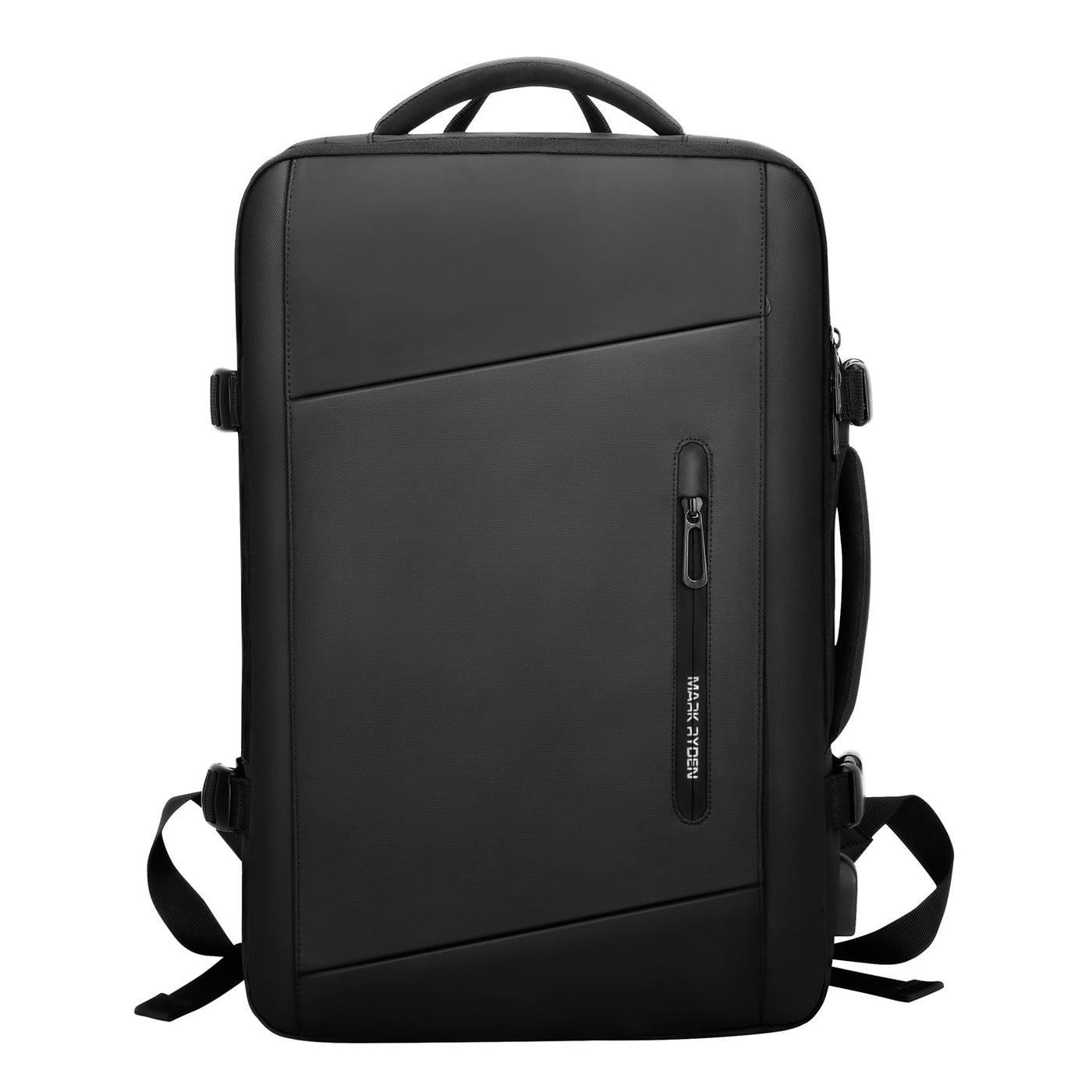 Mark Ryden minimal black USB Charging backpack. 