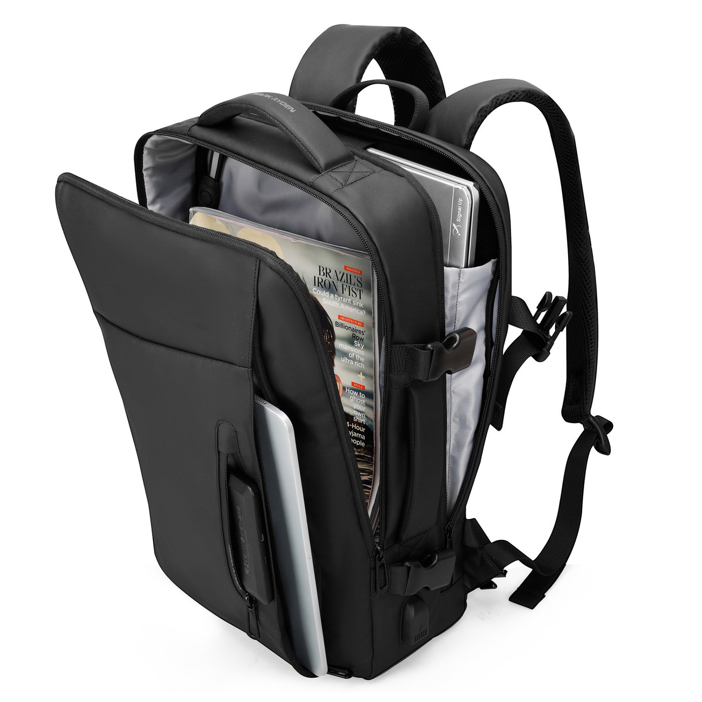 Mark Ryden minimal black USB Charging backpack with zippers open showing two compartments