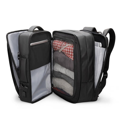 Inside of Mark Ryden Infinity XL Rain usb charging business / travel backpack.