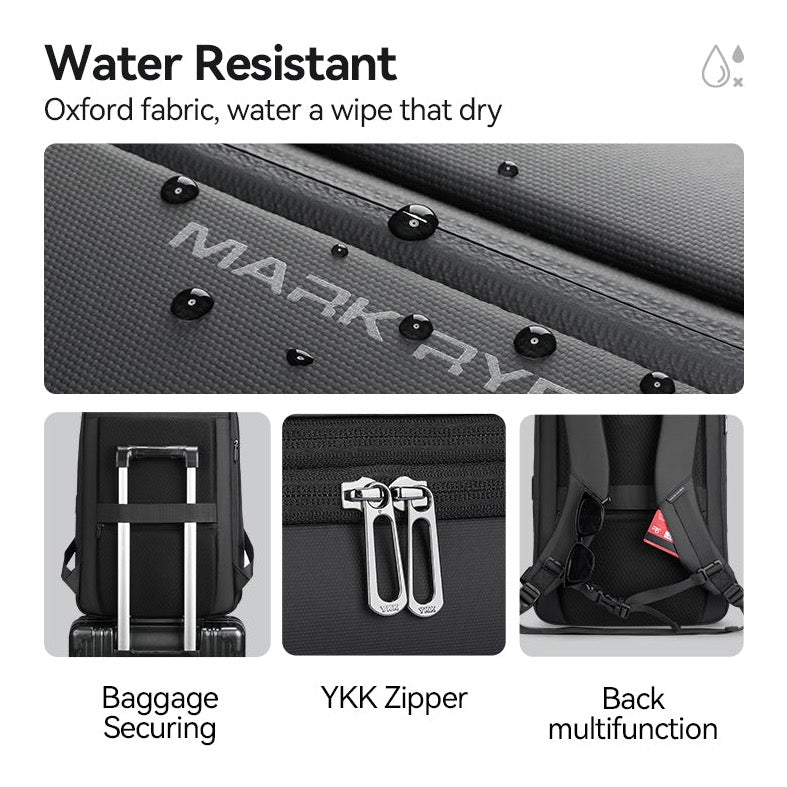 Cleverly designed expandable travel backpack with water-resistant Oxford material, YKK zippers, and multi-layered compartments. Suitable for 16" MacBook and 11" iPad, featuring USB charging, anti-theft pocket, wet-dry compartment, and lightweight at 1.2KG.