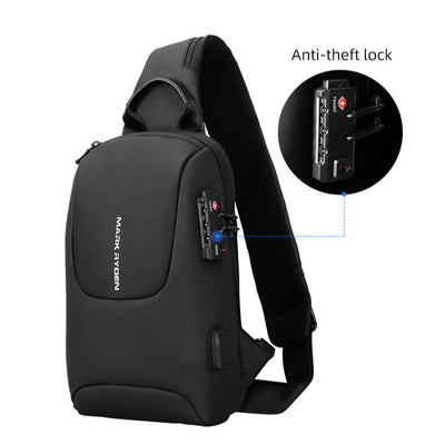 Anti-theft system on Mark Ryden Crypto usb charging waterproof sling bag in black. 