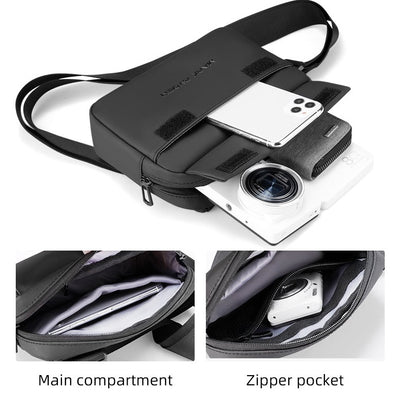 Black Apex shoulder style sling bag with water-repellent material, YKK zippers, and velcro pocket closure, perfect for carrying daily essentials like iPhone, AirPods, wallet, keys, and more
