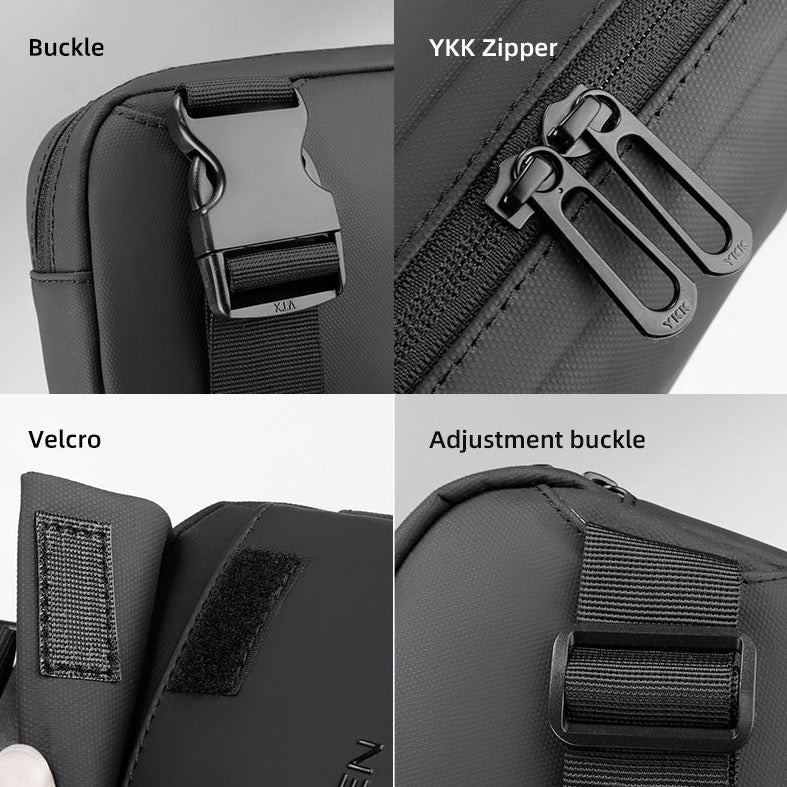 Black Apex shoulder style sling bag with water-repellent material, YKK zippers, and velcro pocket closure, perfect for carrying daily essentials like iPhone, AirPods, wallet, keys, and more