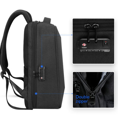 Side view of Mark Ryden Cache USB Charging backpack in black. 