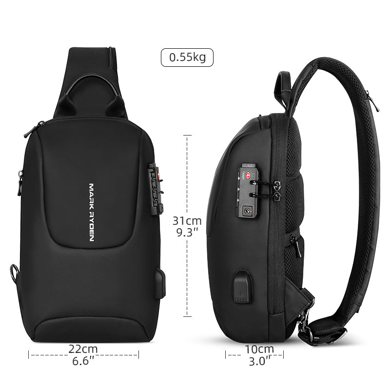 Size of Mark Ryden Crypto usb charging waterproof sling bag in black. 