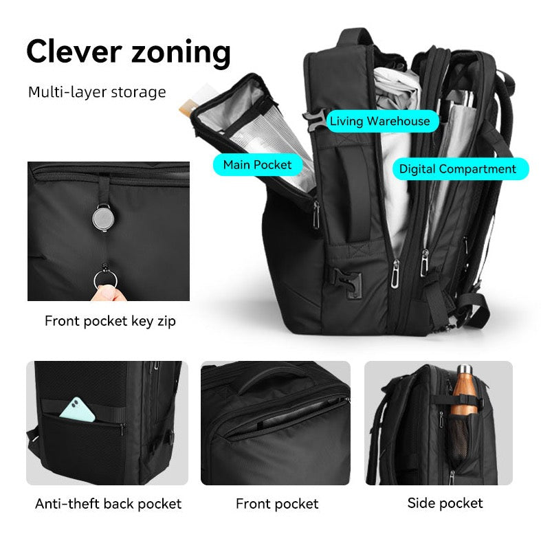 Nomad expandable laptop travel backpack in black and grey, featuring separate compartments for 17.3" laptop and iPad, wet/dry pocket, side water bottle pocket, and anti-theft back pocket for secure storage.