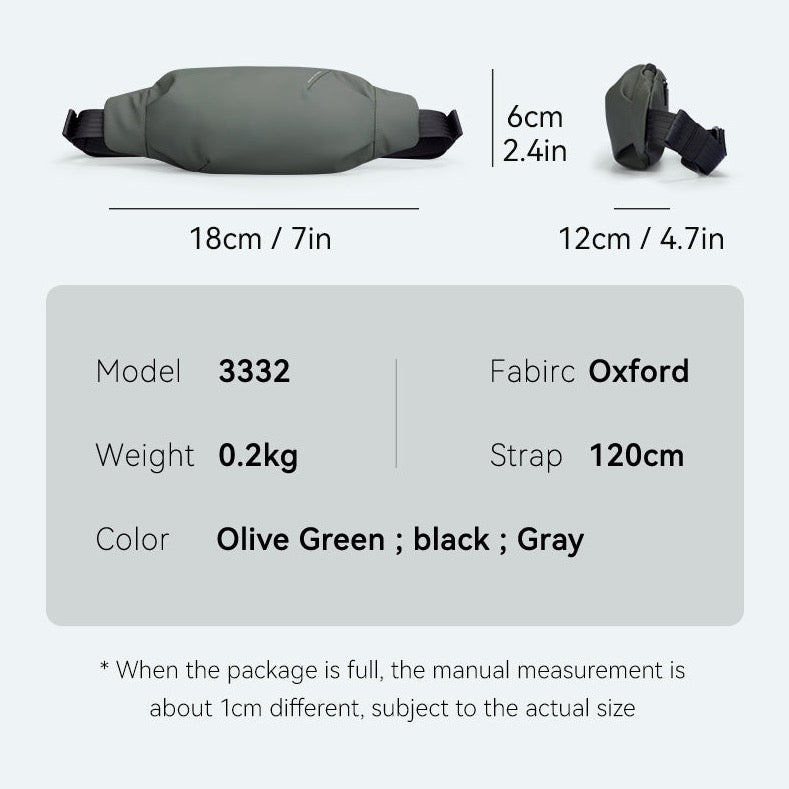 A sleek and stylish sling bag in green, black, and grey colors made from durable Oxford material. The bag has an adjustable strap and an anti-theft pocket for added security. It is lightweight and water-resistant, making it perfect for daily adventures