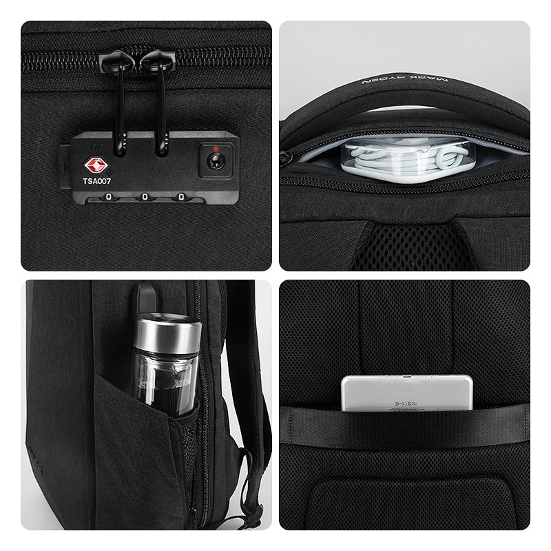 Special features of Mark Ryden Cache USB Charging backpack in black. 