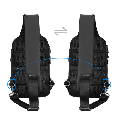 Strap system on Mark Ryden Crypto usb charging waterproof sling bag in black. 