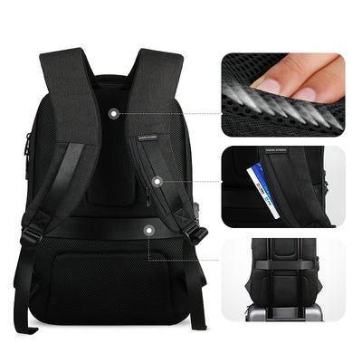 Back view of Mark Ryden Cache USB Charging backpack in black. 