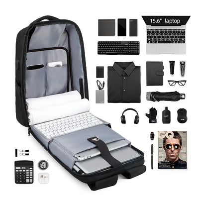 Contents of Mark Ryden Cache USB Charging backpack in black. 