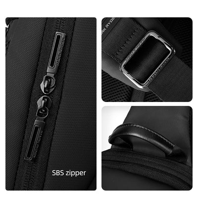 Features of Mark Ryden Crypto usb charging waterproof sling bag in black. 