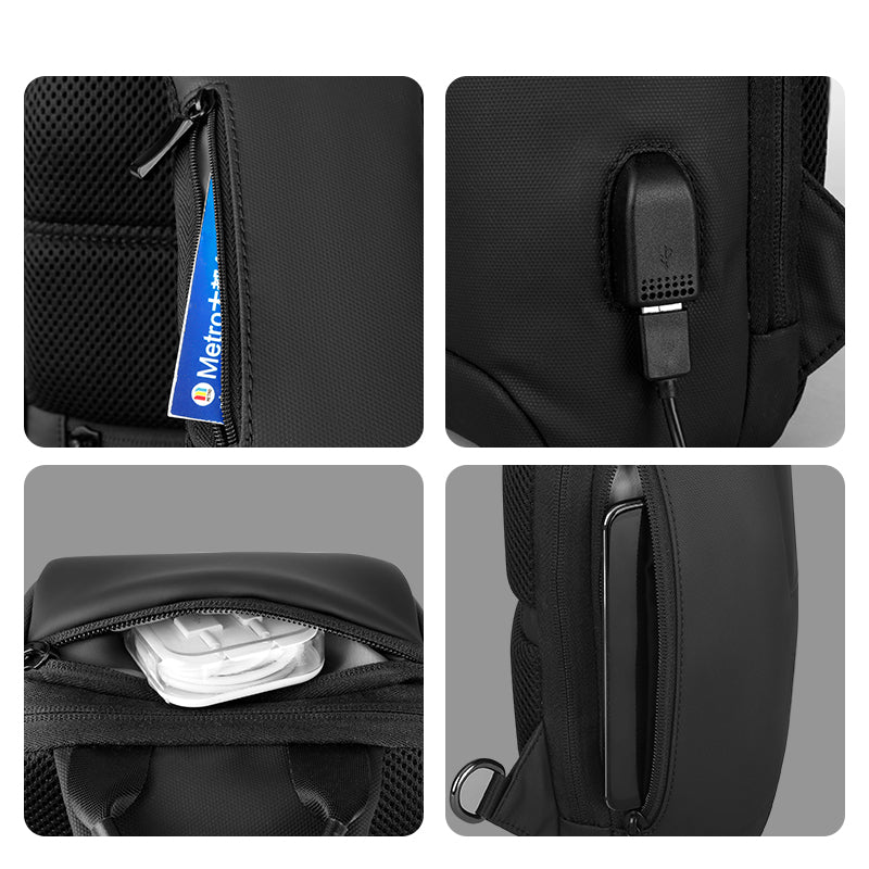 Features of Mark Ryden Crypto usb charging waterproof sling bag in black. 