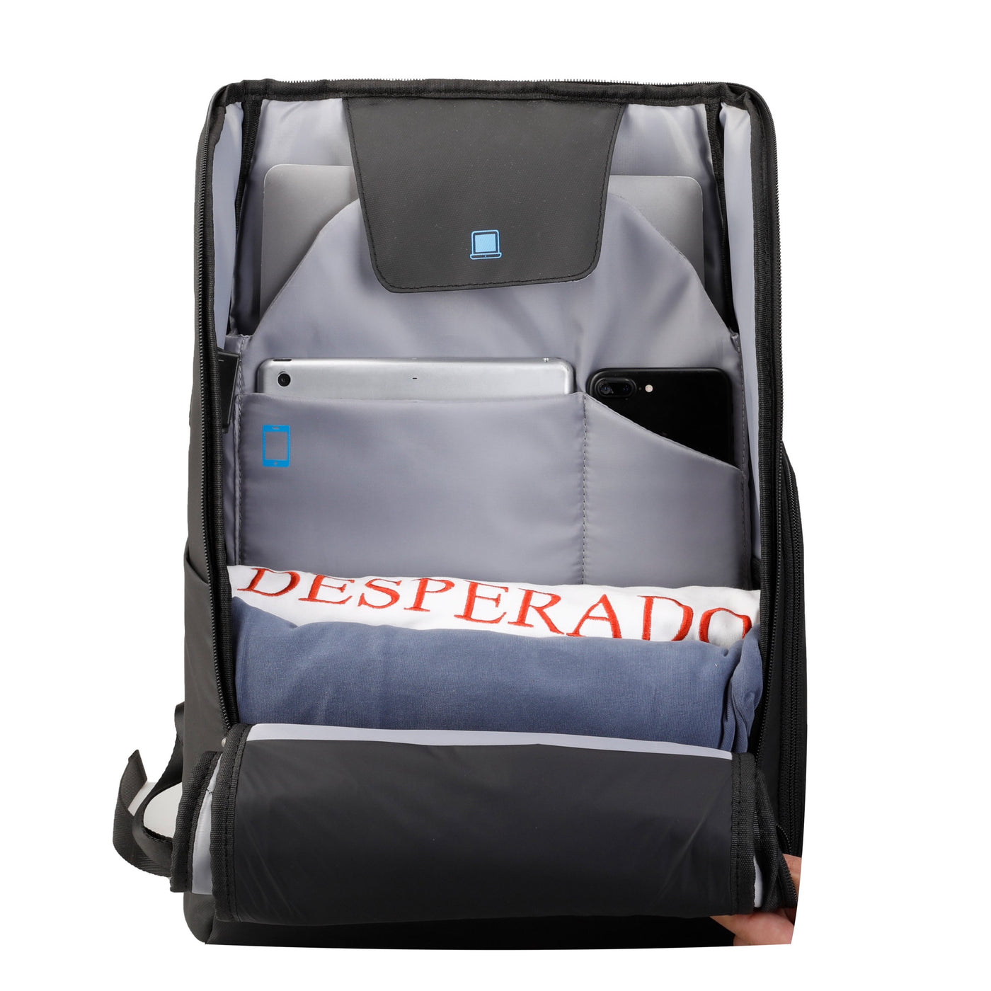 mark ryden black and dark grey usb and micro usb charging backpack with RFID blocking technology