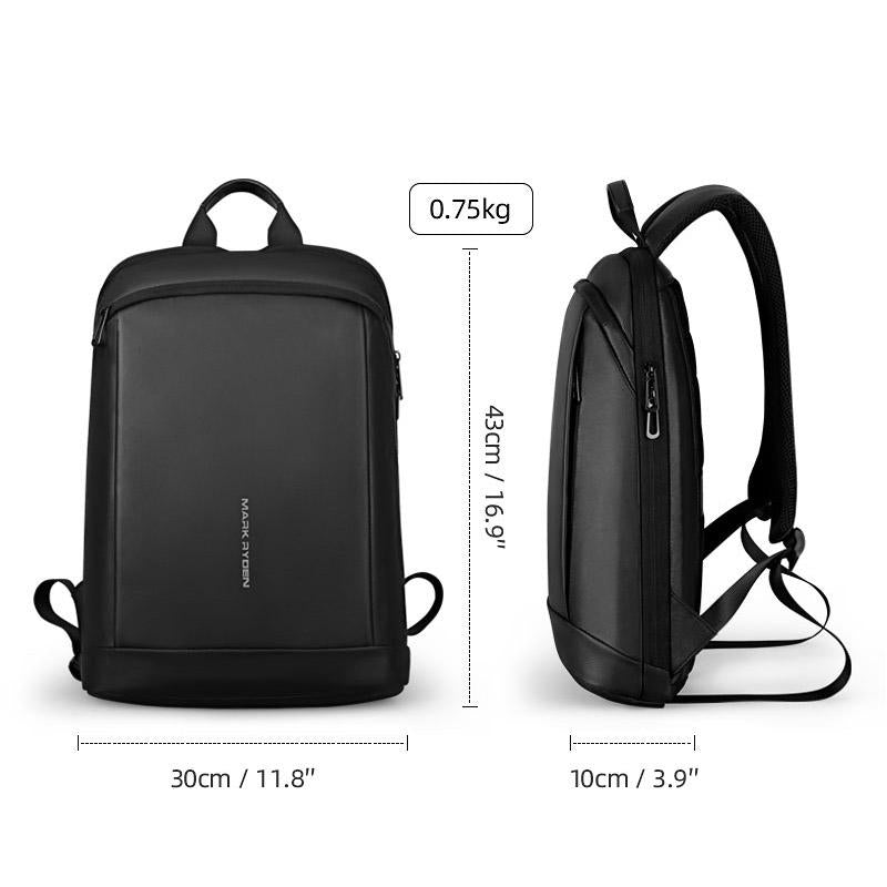Sizing of Mark Ryden lightweight and waterproof USB charging backpack. 