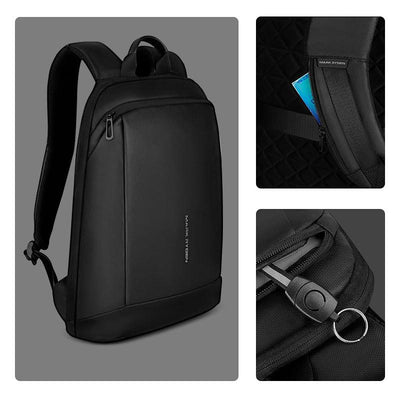 Details of Mark Ryden lightweight and waterproof USB charging backpack. 
