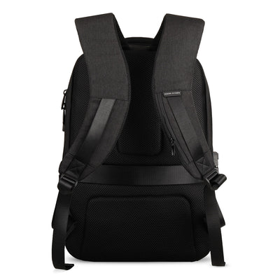 Back view of Mark Ryden Cache USB Charging backpack in black. 