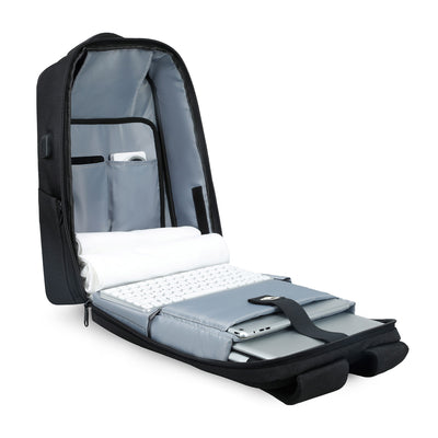 Open view of Mark Ryden Cache USB Charging backpack in black. 