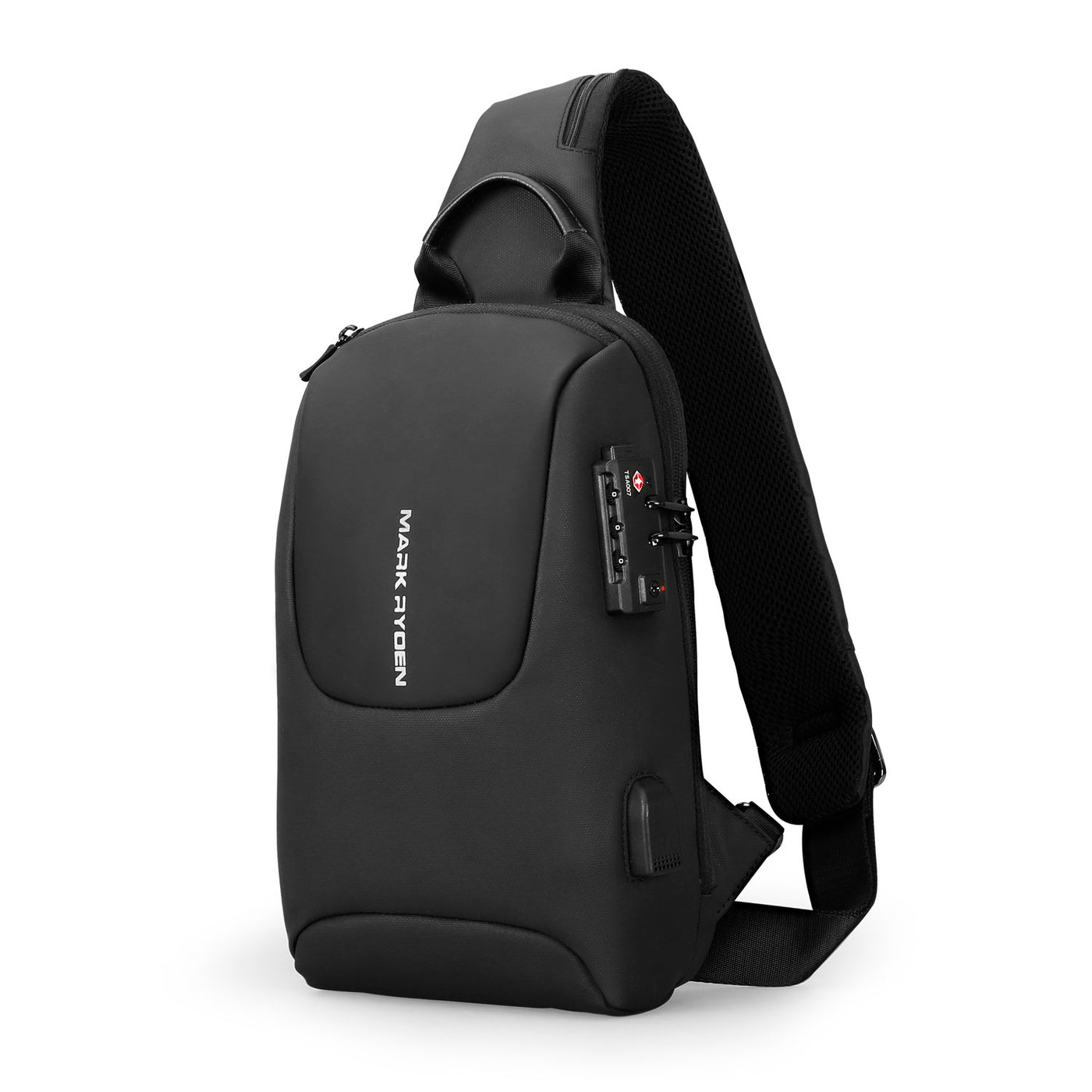 Mark Ryden Crypto usb charging waterproof sling bag in black. 