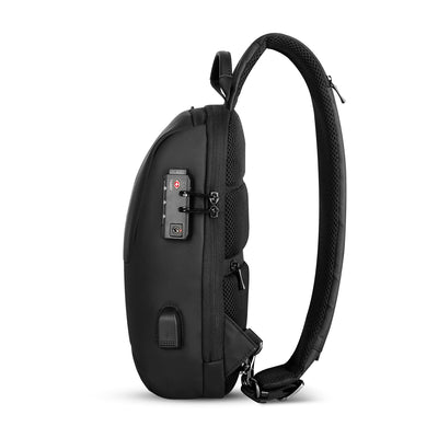 Side view of Mark Ryden Crypto usb charging waterproof sling bag in black with anti-theft system. 