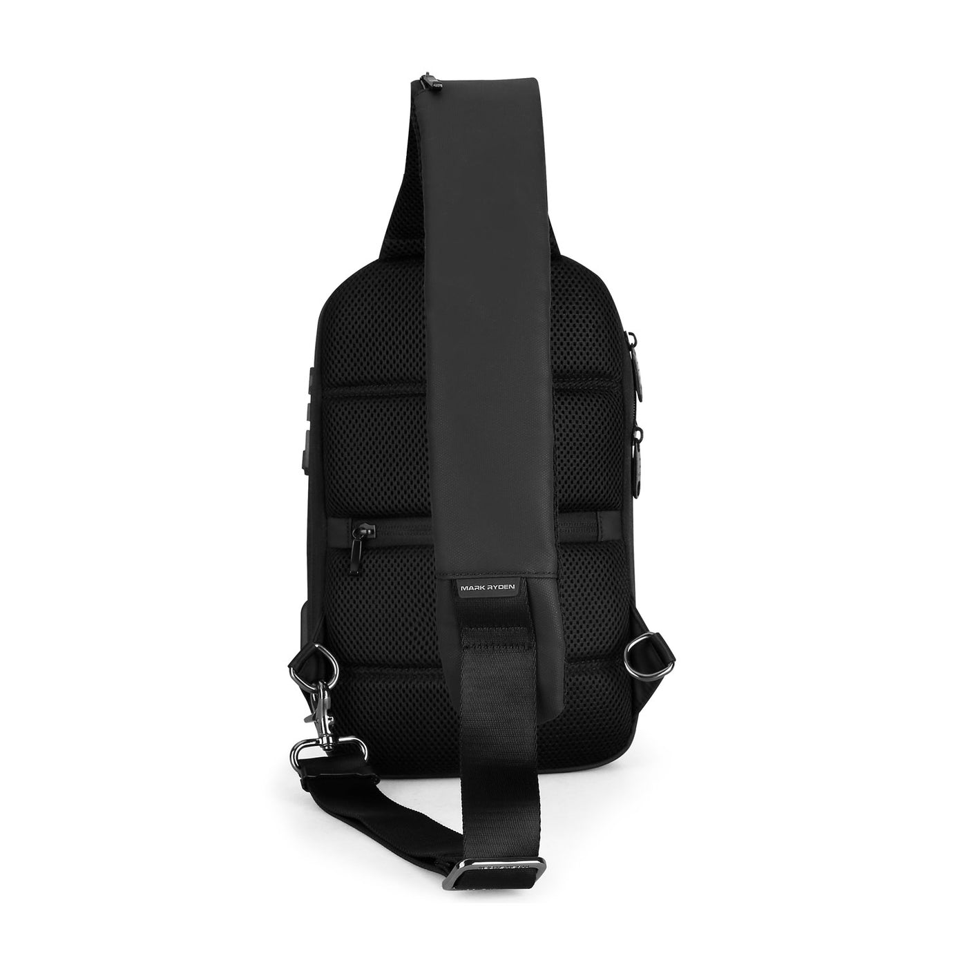 Back of Mark Ryden Crypto usb charging waterproof sling bag in black. 