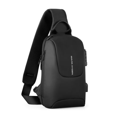 Mark Ryden Crypto usb charging waterproof sling bag in black. 