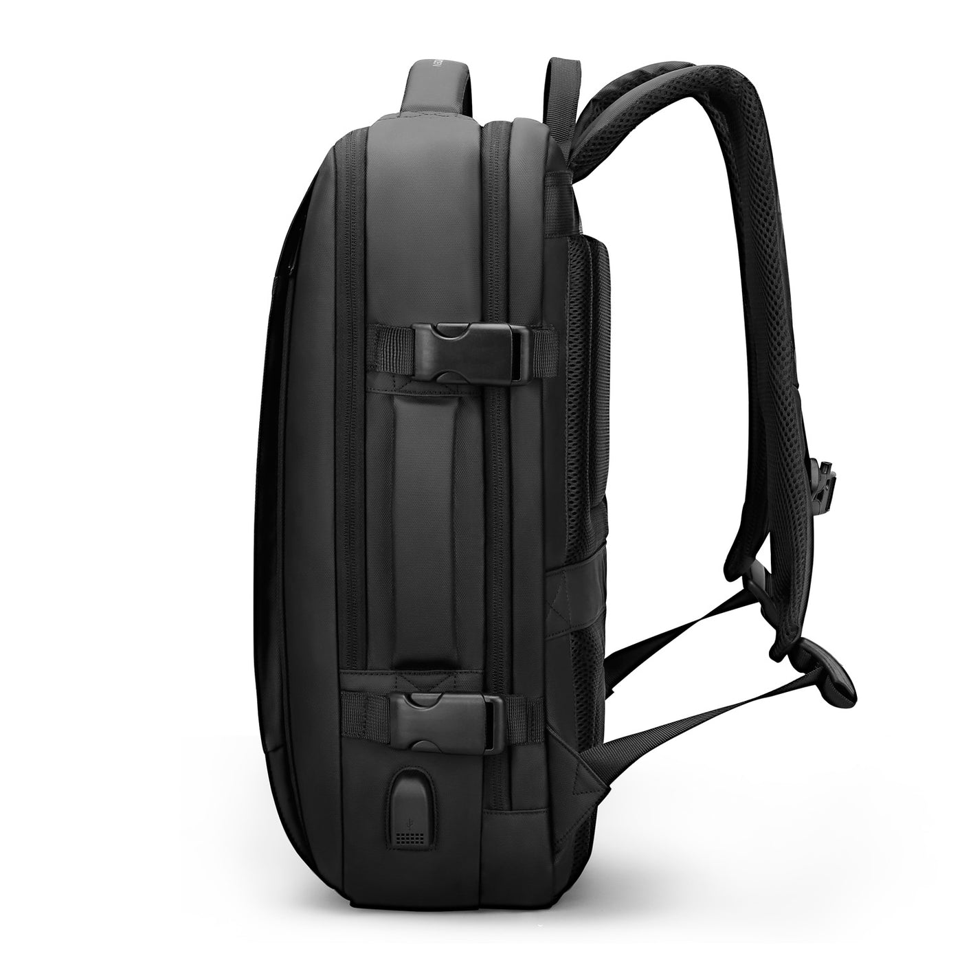 Mark Ryden minimal black USB Charging waterproof backpack. 