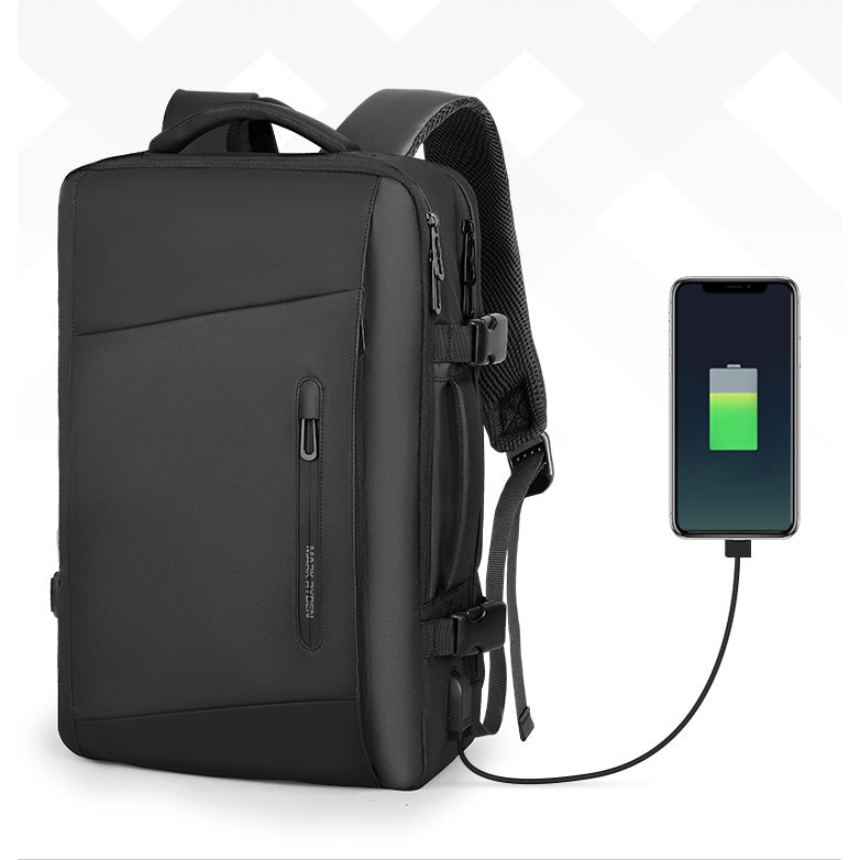 Mark Ryden minimal black waterproof backpack charging iPhone. 