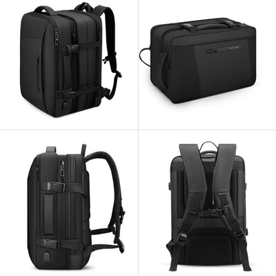 Multiple views of Inside of Mark Ryden expandable travel backpack - INFINITY XL. 