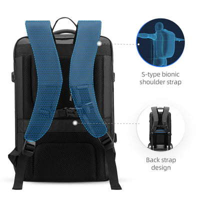 Ergonomic straps of Inside of Mark Ryden expandable travel backpack - INFINITY XL. 